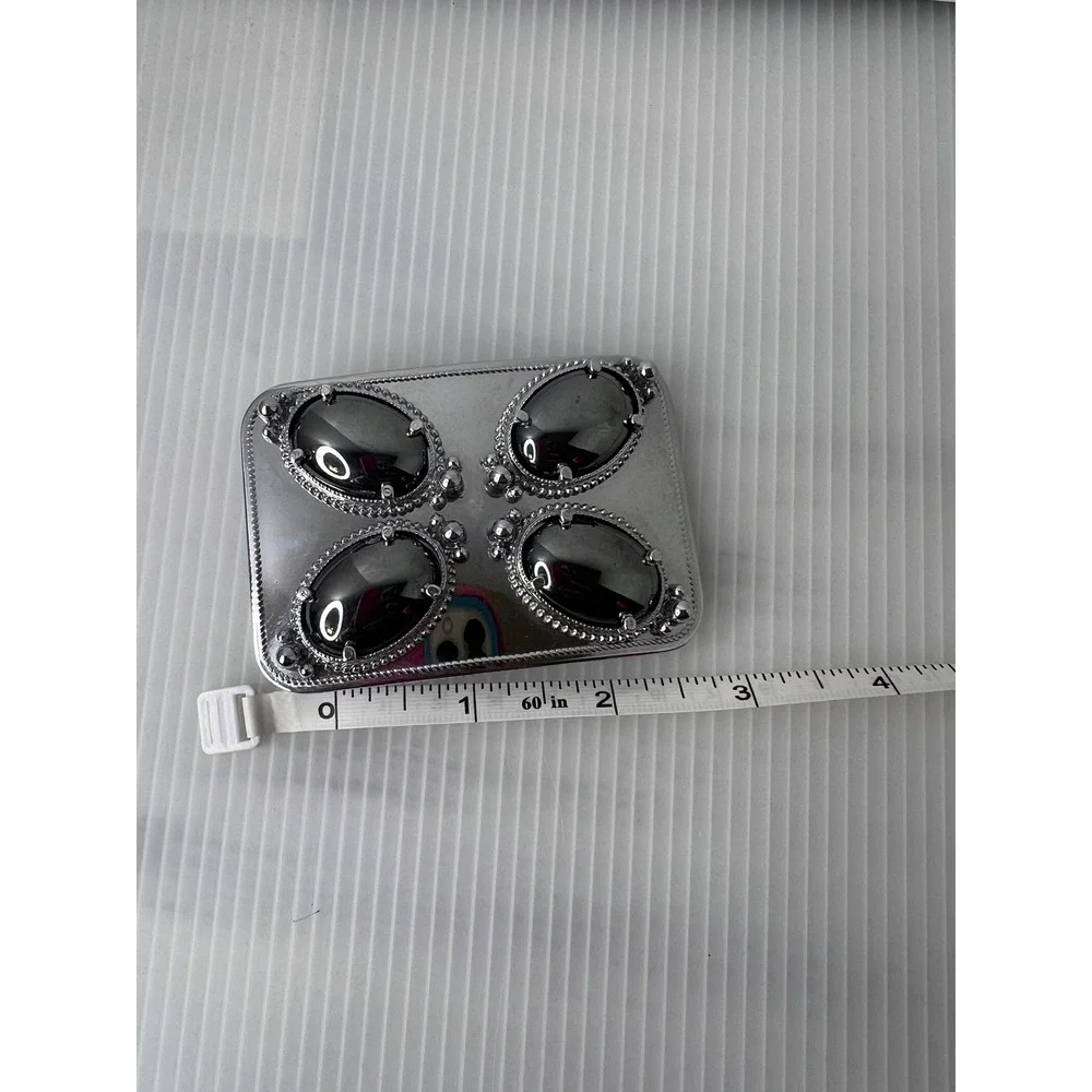Silver‎ Tone Western Belt Buckle Four Oval Hematite Stones Cabochon Rectangular